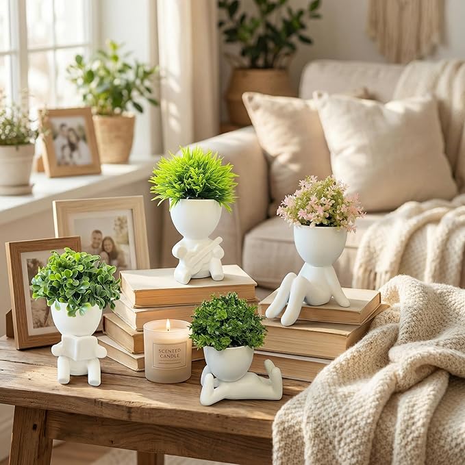 4 Packs Creative Small Fake Plants Artificial Succulents in Ceramic Human Shaped Pots Cute Office Plants For Desk Home Decor Funny Premium Ceramic Faux Succulent Perfect Humorous Gift Idea (4, white)