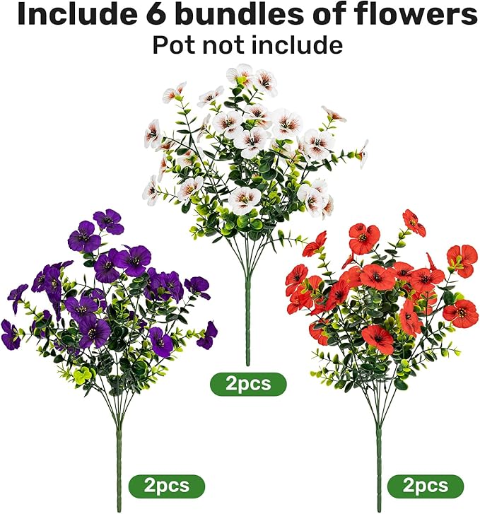 17 Inch Artificial Faux Pansy Flowers for Outdoor,Fake Pansies Flowers with Eucalyptus Leaves Fake Plants Greenery Boxwood Porch Patio Decor 6 Bundles(Dark Purple,Red,White)