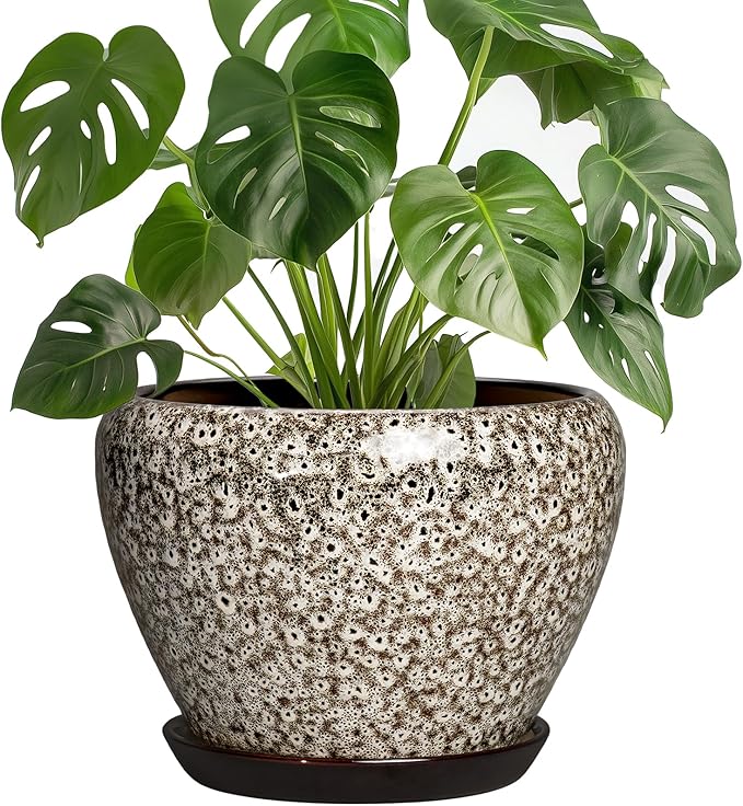 Ceramic Plant Pots - 8 Inch Planters for Indoor Outdoor Plants, Decorative Pots for Plants with Drainage Hole and Saucer, Modern Flower Pot, Room Decor, Plant Lover Gifts, White Leopard