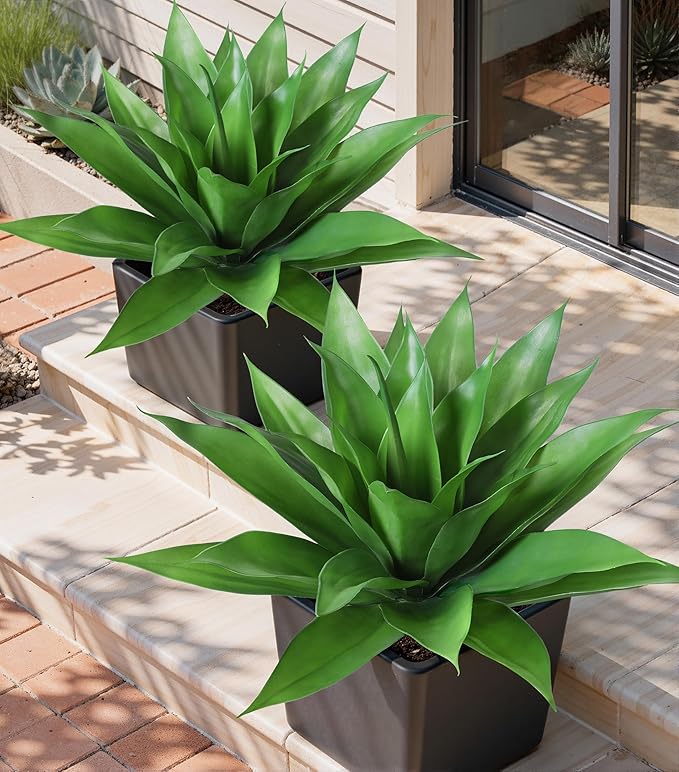 Ivydale Fake Plants, 2 Pcs 28" Agave Artificial Plants Outdoor UV Resistant Faux Outdoor Plants, Large Artificial Plants Outdoor Realistic Greenery for Porch Planter Patio Yard Garden Indoor