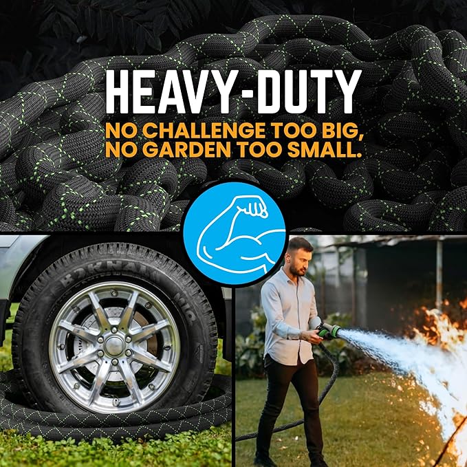 PowerFlow Garden Hose, NON-EXPANDABLE 50 Feet Premium Quality Stainless Steel Metal Water Hose with Durable Fabric Skin, Hose For Commercial, Residential Use, Bonus 10-way Spray Nozzle (50 Ft, Black)