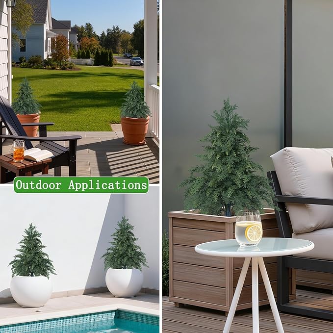 Yangrass 2 Pack 24" Cypress Topiary Trees Artificial Outdoor with Ground Spike, UV Resistant Fake Shrubs Bushes Faux Cedar Pines Trees, Real Touch Faux Evergreen Plants for Home Front Porch Garden