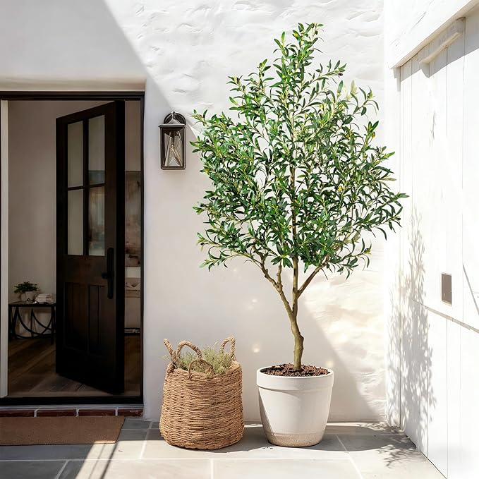 Large Artificial Olive Tree Faux Trees Indoor Outdoor Realistic Floor Plant Tall Fake Plants for House Modern Home Living Room Master Bedroom Office Front Porch Decor Outside Patio para decoracion