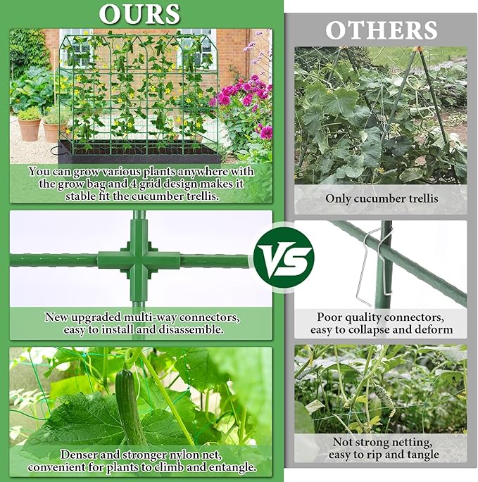 66x65x18 Inch Cucumber Trellis for Raised Bed - with 61 Gallon Grow Bags, Garden Trellis for Climbing Plants Outdoor with Climbing Net and Plant Support for Cucumber, Tomato, Vegetable, Grape, Vine
