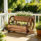 Wooden Wagon Planter Box, Extra Large 2-Tier Decorative Flower Cart with Wheels, Rustic Wood Planter with Drainage Holes & Non-Woven Liner, Raised Garden Bed for Flowers Herbs Vegetables