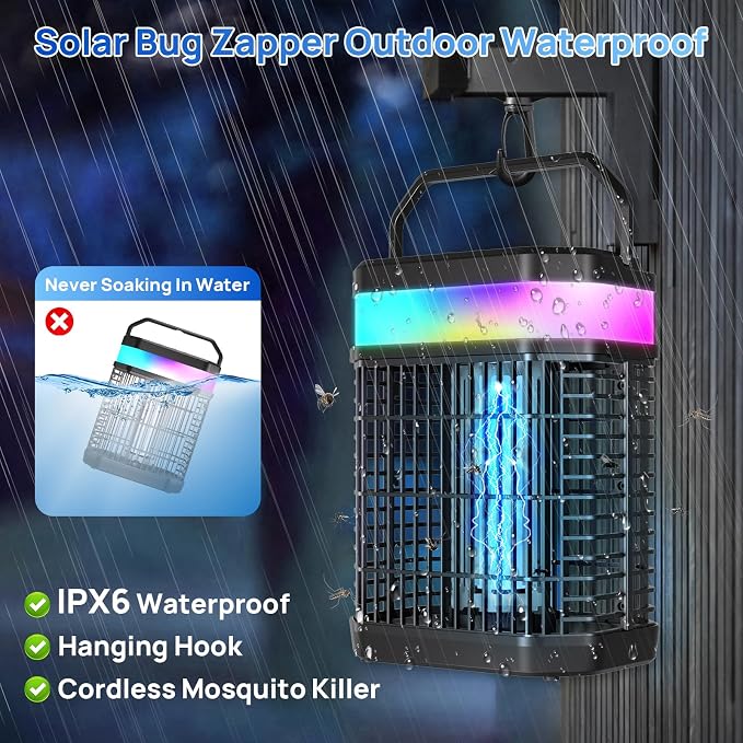 Solar Bug Zapper Outdoor, 4 in 1 Portable & Rechargeable Bug Zapper Outdoor with 5000mAH Battery, 4000V Mosquito Zapper Waterproof with LED Night Light, for Camping, Patio, Backyard (Black)