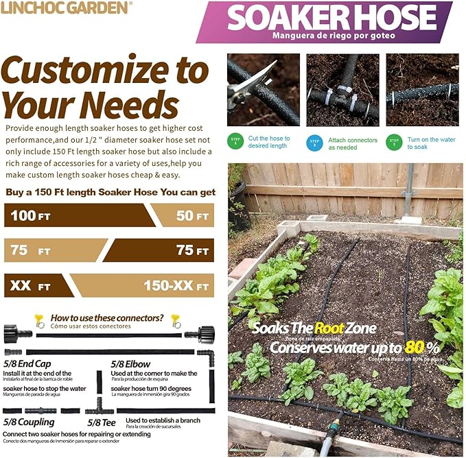 LICNCHOC GARDEN Soaker Hose 150ft,1/2 INCH Flexible Durable Garden Hose for Efficient Watering, Leak-Proof Design 100% Recycled Rubber,Ideal for Lawns,Gardens & Flower Beds