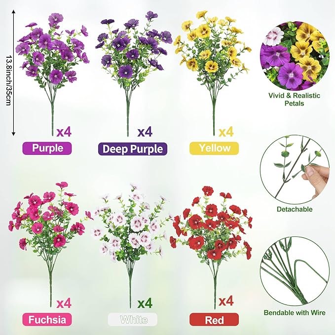 24 Bundles Artificial Flowers for Outdoors Fake Silk Flowers UV Resistant Faux Plants Eucalyptus for Spring Summer Decoration Planters Table Vase Garden Yard Porch Window Home, Multicolor