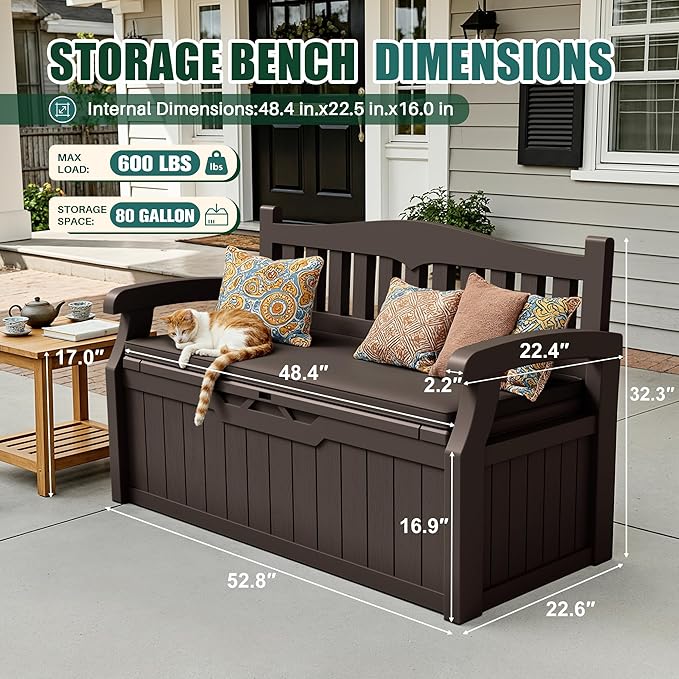 Devoko 80 Gallon Storage Bench with Cushion, Lockable Deck Box for Patio Furniture, Garden Decor and Outdoor Seating for Cushions, Garden Tools and Pool Supplies (Dark Brown, 80 Gallon with Cushion)