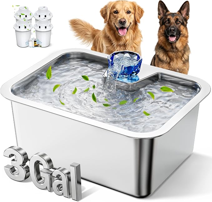 3 Gallon Stainless Steel Dog Water Fountain, BPA-Free Automatic Pet Water Dispenser with Quiet Pump, Easy to Clean, Large Capacity for Large Dogs and Multi-Pet Households