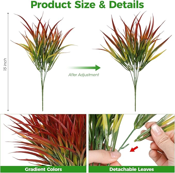 16 Pcs Artificial Plants Outdoor Fake Grass Faux Greenery Stems UV Resistant Plastic Plants Shrubs for Planters Patio Garden Front Porch Pathway Spring Summer Home Decor, Red