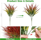 16 Pcs Artificial Plants Outdoor Fake Grass Faux Greenery Stems UV Resistant Plastic Plants Shrubs for Planters Patio Garden Front Porch Pathway Spring Summer Home Decor, Red