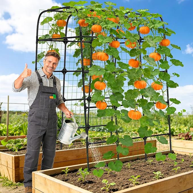 Garden Trellis Arch 7FT PP-Coated Stainless Steel Metal Extra Tall Cucumber Trellis Arch Garden Arch Trellis for Climbing Plants Outdoor Vegetable Trellis with Trellis Netting