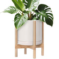 D'vine Dev Ceramic Planter with Natural Stand - 12 Inch Modern Round Flower Pot with Wood Planter Holder, Oatmeal, 55-B-J-8