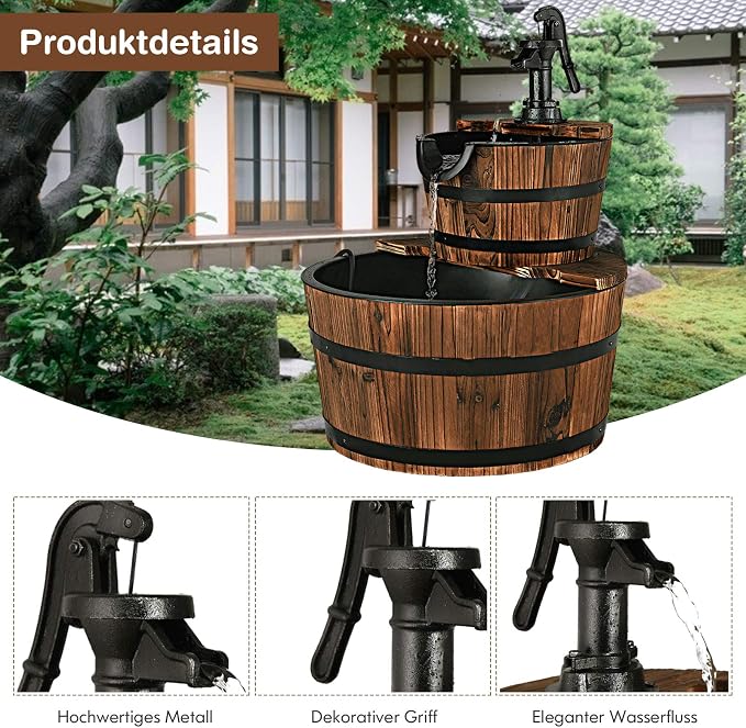 FANTASK 2 Tier Barrel Waterfall Fountain, Outdoor Barrel Water Fountain with Hand Pump Rustic Solid Wood Construction, Outside Cascading Waterfall Fountain for Garden, Backyard, Patio, Porch, Yard