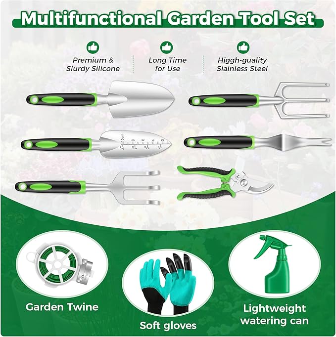 Gardening Tools 10-Piece, Heavy Duty Garden Tool Set with Fashion and Durable Garden Tools Organizer Handbag, Rust-Proof Gardening Hand Tools Weeding Kit, Ideal Gardening Gifts for Women