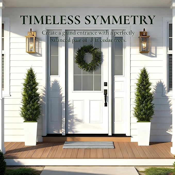 Realistic Artificial Cedar Tree with Planter Set of 2,Faux Topiary Cypress Plant for Home,Office,Living Room,Porch Indoor Outdoor Decor,No Maintenance Fake Evergreen Shrub (5FT White)