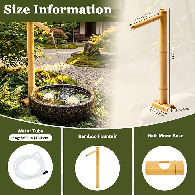 Novabright Traditional Bamboo Fountain 36" Tall, Japanese Shishi Odoshi Water Feature with 59" PVC Hose, Outdoor Garden Patio Decoration Home(Water Pump Not Included)