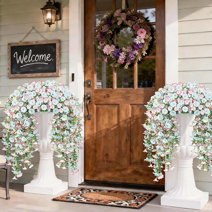 Artificial Hanging Flowers for Outdoors, 4 PCS 600 Blooms UV Resistant Morning Glory Faux Silk Vines, No-Odor Realistic Fake Plants for Garden Planter Porch Patio Decoration, Blue & White