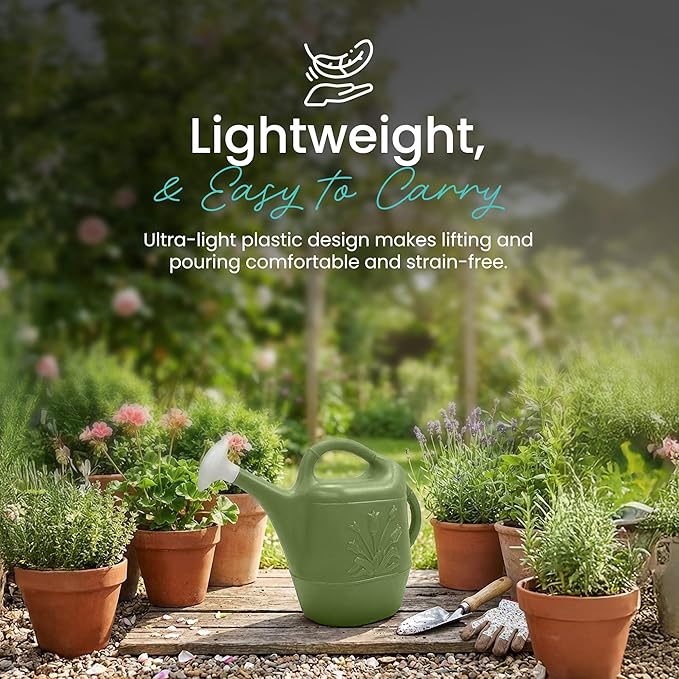 Union Products 63068 2 Gallon Plastic Indoor/Outdoor Watering Can w/ Tulip Design for Garden, Potted Plants, & Patio Pots, Sage Green