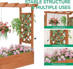 Outvita Raised Garden Bed with Trellis, Wood Planter Box with Hanging Roof, Side Trellis and Drainage Holes, Above Ground Elevated Garden Bed for Outdoor Climbing Plants Vines Vegetables (Teak Color)