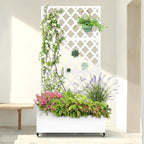 Metal Raised Garden Bed with Diamond Lattice Trellis, Outdoor Planter Box for Climbing Plants Vegetables Vines, Galvanized Garden Box with Drainage Holes and Wheels, White (35.4"L x 16.7"W x 73.2"H)
