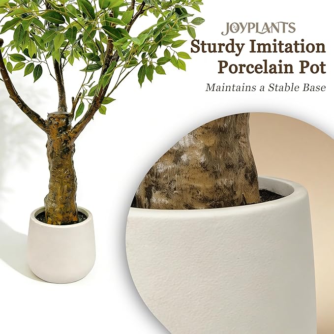 Ficus Tree Artificial 6FT, Artificial Indoor Plants with White Pot Lifelike Branches and Realistic Leaves,Perfect for House Living Room Office Garden Gate Outdoor