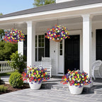 Homsunny Artificial Hanging Flowers Plants with Basket for Outdoors - Fake Petunias Flowers Fake Silk Morning Glory Planter for Outside Porch Patio Balcony Garden Spring Summer Decor(Color Blending)