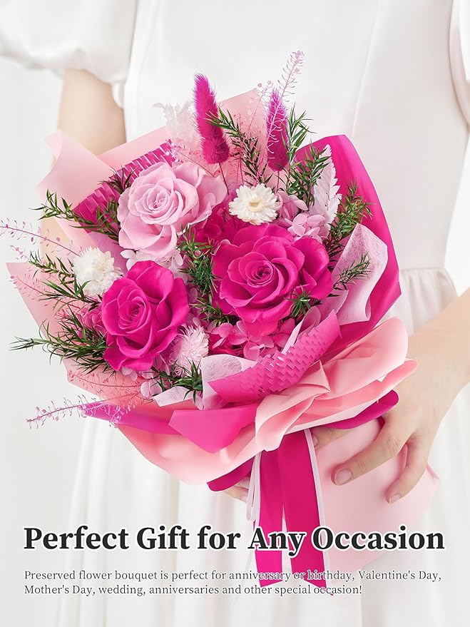 Preserved Flowers Bouquet, Forever Flowers for Delivery, Mothers Day Long-Lasting Real Roses Bouquet, Anniversary Birthday Flowers Gifts for Mom Grandma Women Wife Her (Hot Pink)