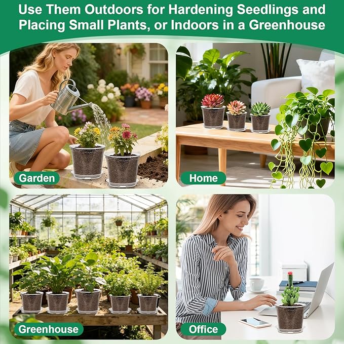 Jollidecor 45Pcs Clear Plastic Nursery Pots with Drainage Holes and Saucers, 3/4/5/6/7Inch Seedling Starter Flower Pots with Tool for Indoor Outdoor Gardening Flower, Herb, Succulent Transplanting