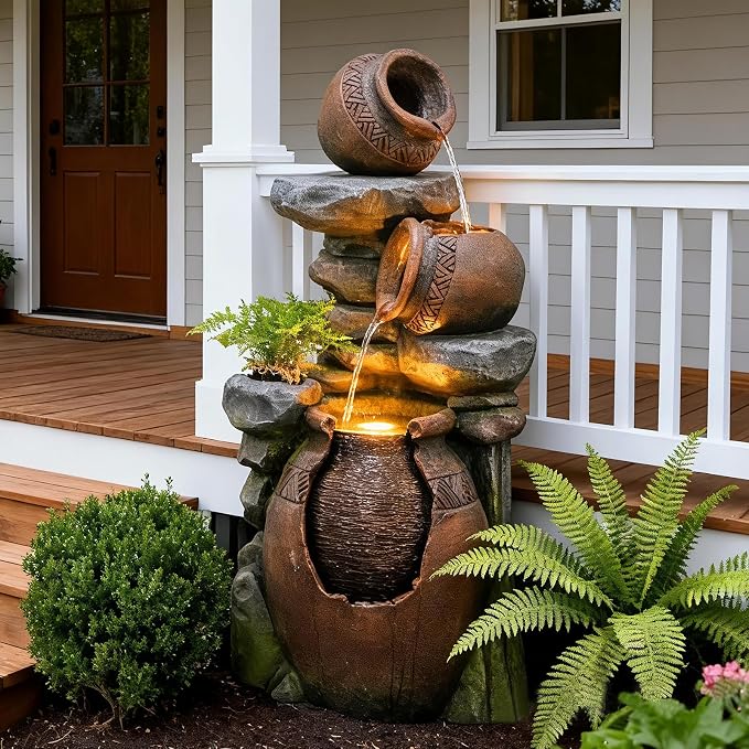 Bumilgar Outdoor Garden Water Fountain for Garden, Patio, Backyard, Deck, Porch and Home Art Decor, 3 Tiers Modern Cascading Outdoor Fountain with Lights 38.4" H