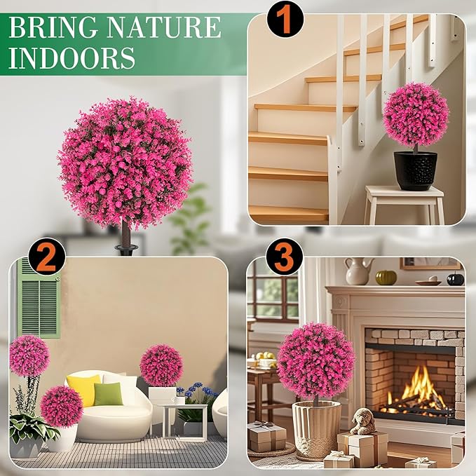 AOKIIE Set of 2 Artificial Pink Boxwood Topiary Ball Tree for Outdoor with Ground Spike, 22" UV Resistant Faux Greenery Shrubs, Fake Plants for Garden Yard Porch Patio(Pink)