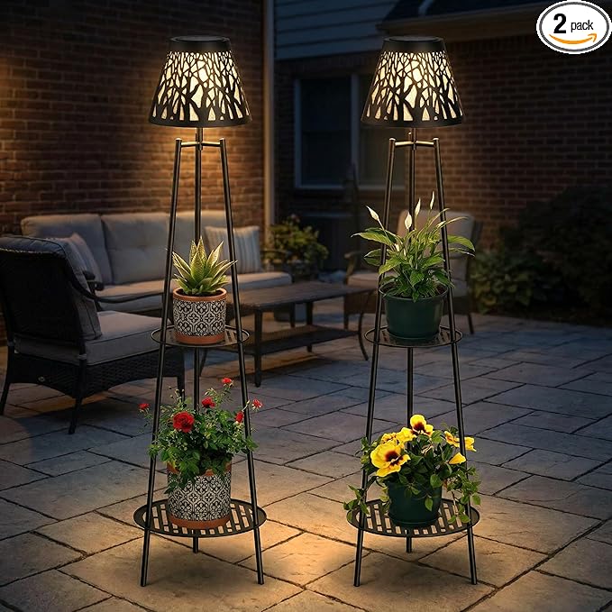 2 Pack Solar Floor Lamps Outdoor with 2-Tier Plant Stand, Metal Tall Planter Holder with Waterproof LED Lantern, Decorative Patio Light & Flower Pot Display Rack for Garden, Deck, Porch, Balcony