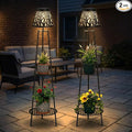 2 Pack Solar Floor Lamps Outdoor with 2-Tier Plant Stand, Metal Tall Planter Holder with Waterproof LED Lantern, Decorative Patio Light & Flower Pot Display Rack for Garden, Deck, Porch, Balcony