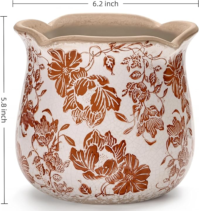 Vintage Ceramic Planter Pot with Drainage Holes, Green Floral Design, 6.11 Inch, Distressed Tuscan Style, Indoor Plant Pot and Vase (Red Flower)