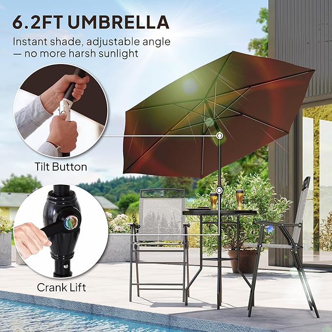 Outsunny 4 Piece Outdoor Patio Dining Furniture Set, 2 Folding Chairs, Adjustable Angle Umbrella, Wave Textured Tempered Glass Dinner Table, Beige
