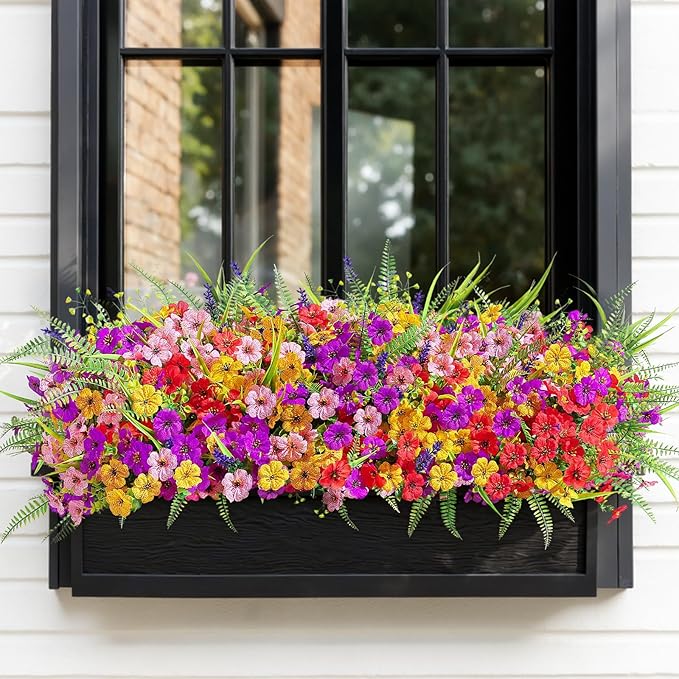 Alupssuc 24 Bundles Artificial Flowers for Outdoors Spring Decoration, UV Resistant Eucalyptus Violet and Lavender Silk Fake Plants for Outside Indoor Yard Home Patio Decor, Red Purple Yellow Pink