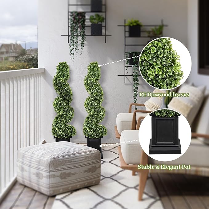 Artificial Boxwood Topiary Tree, 3.5ft Tall Outdoor Porch Tree, All-Year Green Fake Plant Topiary Trees Artificial Outdoor with Sturdy Pot for Porch Indoor (Spiral)