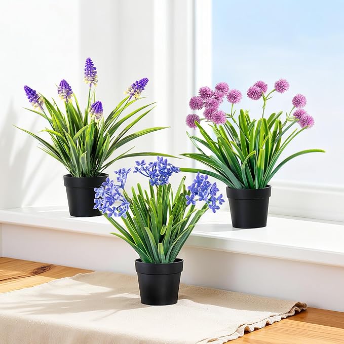 3 Pack Fake Small Plant Artificial Potted Flowers for Home Decor Fake Flower Plant Greenery Mini Faux Plant for Indoor Bedroom Living Room Office Shelf Bathroom Farmhouse Decor (Type 6)