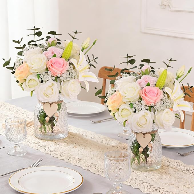 Livole 22Pcs Fake Flowers with Vase Silk White Artificial Flowers in Vase with Light Fake Plant Eucalyptus Flower Arrangement for Table Centerpieces Decor for Living Room Coffee Home Farmhouse