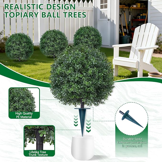 Artificial Boxwood Topiary Trees with Ground Spike,4 Pieces Fake Boxwood Ball Shrubs Bushes, UV Resistant Faux Evergreen Cypress Tree Plants for Indoor Outdoor Planters Front Porch