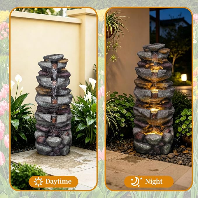 Solarbloom 38.9" H Large Outdoor Fountain, 5-Tier Cascading Rock Waterfall Fountain with LED Lights, Freestanding Water Feature for Garden Patio Backyard Porch Decor
