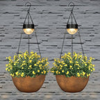 BAYN 2 Packs Solar Hanging Basket Planters for Plants Outdoor, Self Watering Bronze Flower Plants Pots with Solar Light Drainer for Balcony Patio Garden Outdoor Decoration