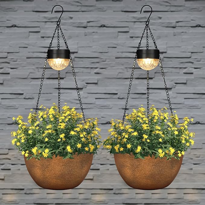 BAYN 2 Packs Solar Hanging Basket Planters for Plants Outdoor, Self Watering Bronze Flower Plants Pots with Solar Light Drainer for Balcony Patio Garden Outdoor Decoration