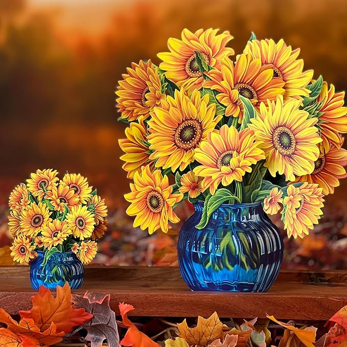 Freshcut Paper Pop Up Cards, Mini Sunflowers (Set of 2), 6 Inch Mini Sized Forever Flower Bouquet 3D Popup Greeting Card, Birthday Cards, Thank You Card, Blank Notecard & Envelope