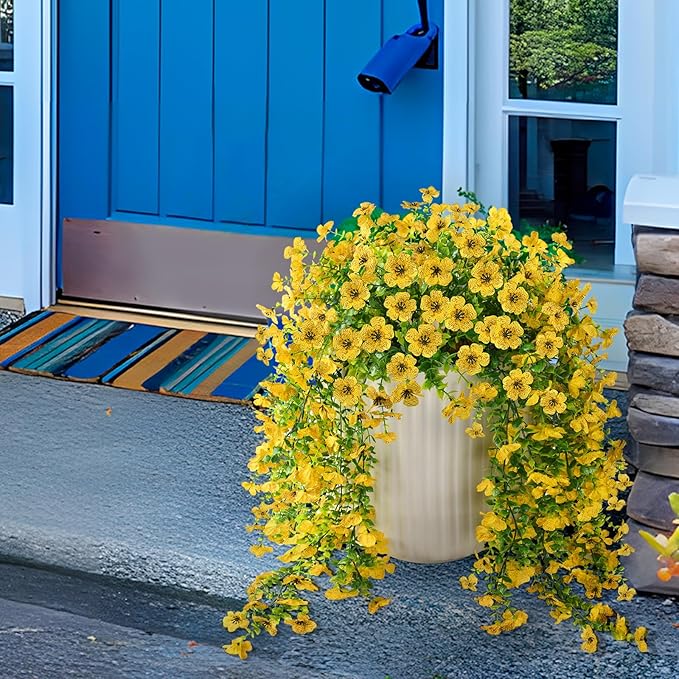 Artificial Hanging Flowers Plants for Outdoor Fall Decoration, 2PCS Faux Silk Daisy UV Resistant Look Real for Outside Home Indoor Planter Porch Garden Yard Autumn Decor(Yellow)