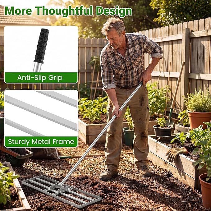 Goplus Lawn Leveling Rake, 30" x 10" Heavy Duty Level Lawn Tool w/ Ergonomic Handle for Soil, Effort-Saving Landscape Rake for Garden, Backyard, Golf Course, Farm, Pasture (Sliver)