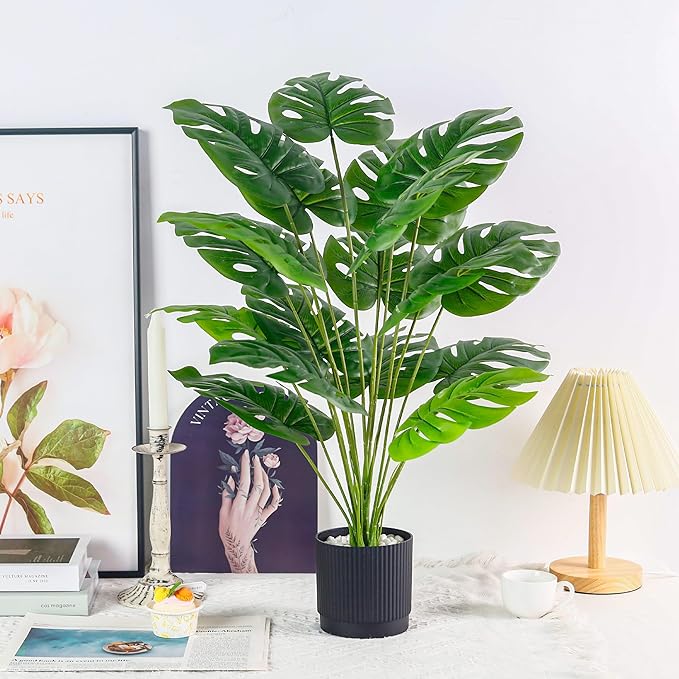 Der Rose 28" Fake Plants Large Artificial Monstera Faux Potted Plants Indoor Tall in Black Pots for Outdoor Floor Front Porch Decor