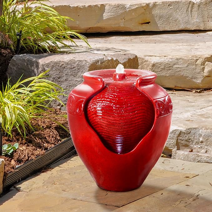 Teamson Home Outdoor Pot Fountain with LED Lights and Pump, Floor Water Fountain for Patio, Garden, Backyard, Decking Home Décor, 16.93 Inch Height, Red