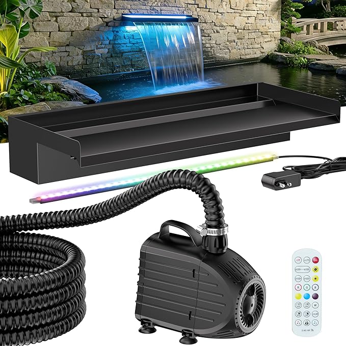 POPOSOAP 24 Inch Pond Waterfall Spillway Kit, RGB Multi-Color LED Lights Pond Waterfall with 1200GPH Pond Pump & 304 Stainless Steel, APP/Remote Control for Pond Garden Fish Tank Water Features-P46DC